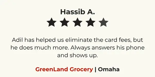Grocery Store owner in Nebraska discussing success with HuskerPay payment processing.