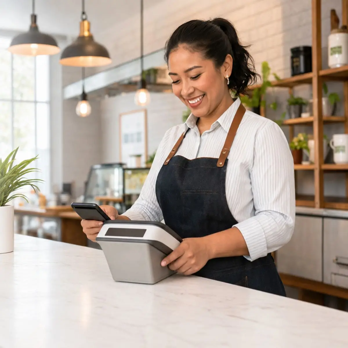 Happy Omaha restaurant owner sharing positive feedback about HuskerPay merchant processing service